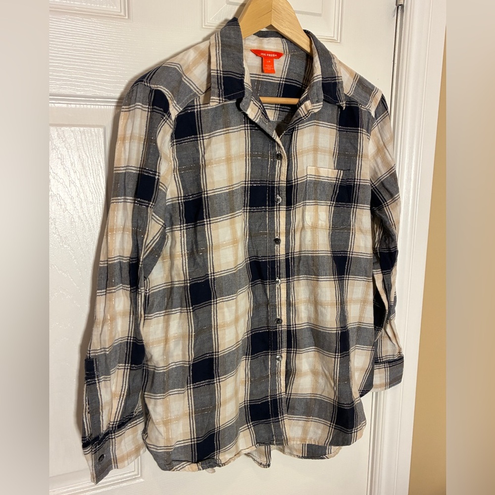 Joe Fresh Plaid Flannel Shirt Large Navy Cream Gold Button Down Long Sleeve